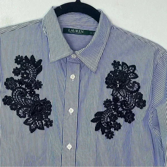 Lauren Ralph Lauren Women Embellished Button Up Striped Shirt Sz L - Picture 4 of 9